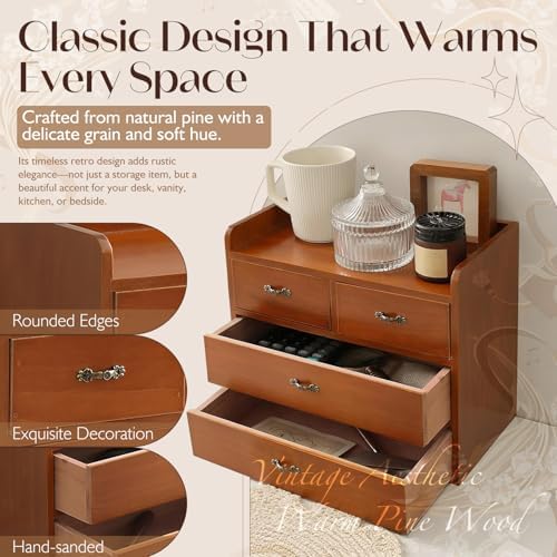 Vintage Wooden Desk Organizer with 4 Drawers — Small Wood Desktop Storage Cabinet for Jewelry, Makeup, Office Supplies & Accessories - Rustic Mini Drawer Chest for Clutter-Free, Desk Zen - Image 7