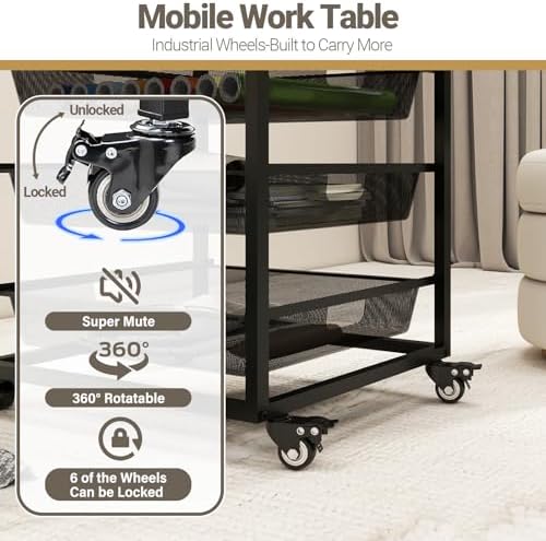 Craft Table with Wheels & Drawer,Extendable Cart with Pegboard,Black - Image 6