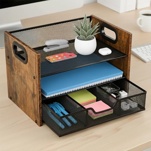 Wood Desk Organizer - 3-Tier Desktop File Organizer with Drawer, Wooden Paper Tray, Office Desk Organzier and Accessories for Papers, Mail, Notebooks, Stationery - Image 4