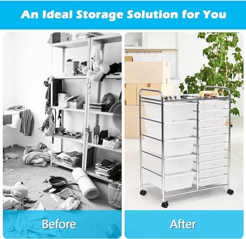 LDAILY 15 Drawer Rolling Storage Cart, Rolling Cart with Drawers for Classroom, Art Supply Craft Organizer on Wheel with Metal Frame & Handles for Home Office School - Image 4