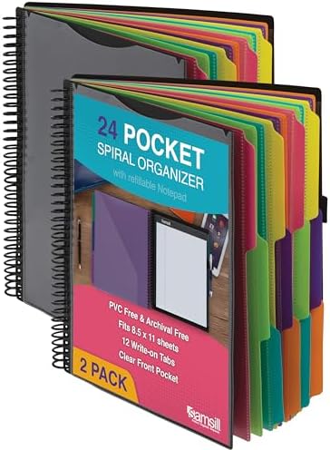 Samsill 2 Pack Deluxe 24 Pocket Spiral Project Organizer with Refillable Notepad, Customizable Front Cover, 12 Dividers with Erasable Write-On Tabs in Fashion Colors, Plastic Folders with Pockets by Samsill