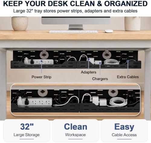 32" Under Desk Cable Management Tray, Capacity Metal Cord Organizer - Image 6