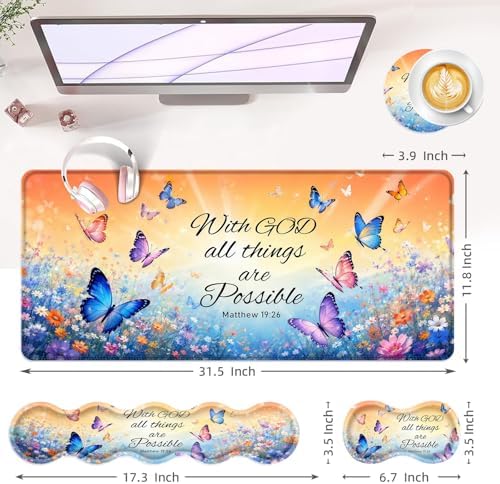 Large Keyboard Mouse Pad Set, Extended Mouse Pad+Keyboard Wrist Rest Support, Memory Foam Ergonomic Easy Typing, 4Pcs (31.5×11.8 in) Desk Pad Set for Office Home,Bible Verse Flower Butterfly - Image 6
