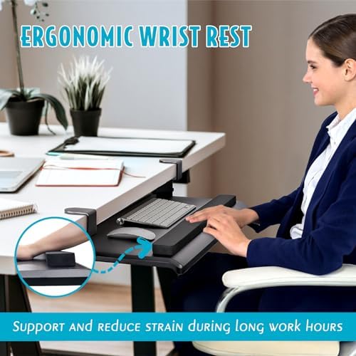 EHO Large Ergonomic C-Clamp Keyboard Tray Mount Under Desk with Wrist Rest, Slide-Out Platform 27.5" (31.8" Including Clamps) x 12.5", Pull Out Keyboard & Mouse Tray for Home or Office, Black - Image 4