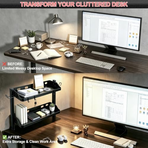 Clamp On Desk Shelf Organizer, 2-Tier Storage with Hooks - Image 4