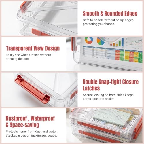 Clear Document Box, A4 Paper Storage Organizer with Snap Latches, Stackable File Case for Certificates Photos Letter Size, 14.37" x 9.44" x 1.37" & 14.37" x 9.44" x 2.75", Red - Image 3