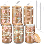 6 Set Christian Glass Cups with Lids and Straw Bible Verse 16 oz by RimCereal