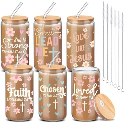 6 Set Christian Glass Cups with Lids and Straw Bible Verse 16 oz by RimCereal