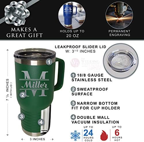 Custom Personalized 20 oz Stainless Steel Powder Coated Vacuum Insulated Double Walled Travel Tumbler Coffee Mug with Handle and Lid (Green) - Image 3