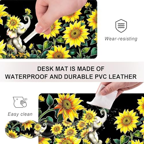 Mouse Pad,Large Desk Mat Set, 4in1 XL Mousepad + Keyboard Wrist Rest+Mouse Wrist Rest+Coaster with Ergonomic Desk Pad for Home Office Table Computer Cover -Elephant with Sunflowers - Image 3