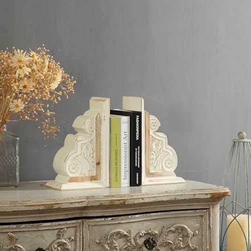 SOFE 1 Pair Rustic Handmade Distressed White Wood Bookends, Carved Pattern - Image 6