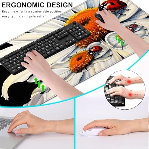 Keyboard Wrist Rest and Mouse Pad with Wrist Support Set Ergonomic Coaster,Memory Foam,Easy Typing Pain Relief,Large XL Desk Mat 31.5"x 11.8",Ladybug on Daisy Flower - Image 6