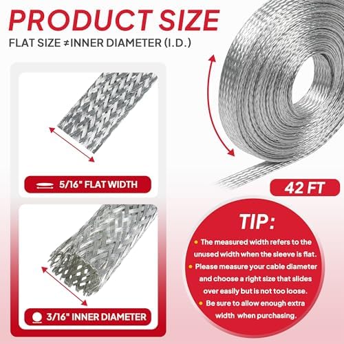 5/16" Wide Tinned Copper Braided Metal Wire Shielding Sleeve Ground Strap Automotive Flat Mesh Flexible Expandable Sheath (8mm ID-42ft) - Image 2