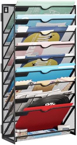 Lavatino 10-Tier Hanging File Organizer, Wall Mount File Holder for Mails Folders Papers Magazine Organization, Vertical Document Organizer for Office Home Black by Lavatino