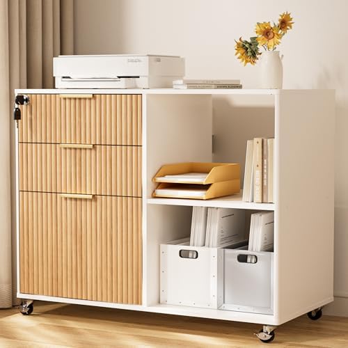 INNOD 3 Drawer Fluted Mobile Filing Cabinet with Lock, Lateral Rolling Under Desk File Cabinet, Wooden Printer Stand Table for Home Office Essentials Storage Organization Furniture Letters/A4(Oak) by INNODToddlerTower