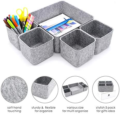Welaxy Desk Organizers Storage bins Set Office Drawer Organizers Pen holder pencil cup phone stand sticky note storage Closet Cabinet boxes Organizing 5-piece Pack (Gray) - Image 6