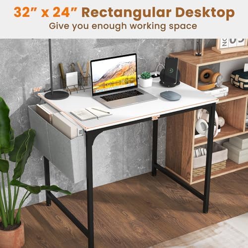 GIANTEX 32 Inch Computer Desk with Charging Station, Home Office Writing Desk with Storage Bag & Headphone Hook, Compact Gaming Table PC Workstation, Modern Simple Laptop Desk for Bedroom, Study - Image 7