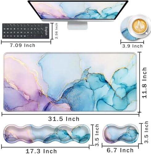 Keyboard Wrist Rest and Mouse Pad with Wrist Support Set Ergonomic Coaster,Memory Foam,Easy Typing Pain Relief,Large XL Desk Mat 31.5"x 11.8",Cyan Blue Marble - Image 2