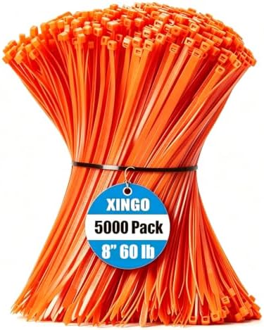 XINGO 5000 PCS Orange Zip Ties 8 Inch, 60 LBS Tensile Strength, Self-Locking Nylon Plastic Nylon PA66 Wire Ties for Indoor and Outdoor Use by XINGO