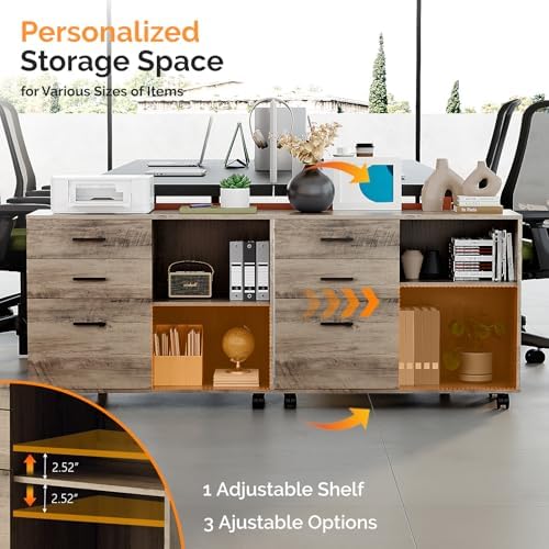 VINGLI 3 Drawer Wood Lateral File Cabinet with Adjustable Shelves & Locking Wheels, Printer Stand with Drawers for Letter Files, Sturdy File Cabinets for Home Office, Study & Business, Rustic Gray - Image 5