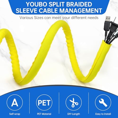 Split Braided Cable Sleeve，Flexible Wire Loom Tubing, Automotive Cord Protector Pet Proof, Cable Management for Computer TV Electric Wires Harness 16ft (Yellow, 19mm（3/4") - Image 2