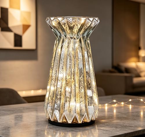 Home Decor, Mercury Glass Pillar Candle Pedestal Holders with 10 Led Lights, Lighted up Candle Holder for Pillar Candle, Glass Candlestick Holders with Timer for Wedding Dining Table Xmas (Silver) by CFDECORCandlesandHolders