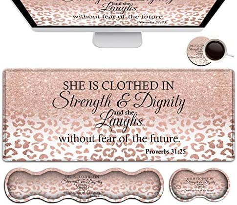 Large Mouse Pad, Office Desk Pad,Laptop Desk Table Protector Writing Mat, Ergonomic Extended Pink Leopard Mouse Pad, Keyboard Wrist Rest Support Set,Proverbs 31:25 Verse Desk Mat Gaming Mouse Pad by FDHHKJUKO