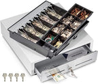 Volcora Cash Register Drawer for Point of Sale (POS) System - White and Stainless Steel Front - Fully Removable 2 Tier Cash Tray, 5 Bill/8 Coin, 12-24V, RJ11/RJ12 Key-Lock by Volcora