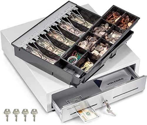 Volcora Cash Register Drawer for Point of Sale (POS) System - White and Stainless Steel Front - Fully Removable 2 Tier Cash Tray, 5 Bill/8 Coin, 12-24V, RJ11/RJ12 Key-Lock by Volcora