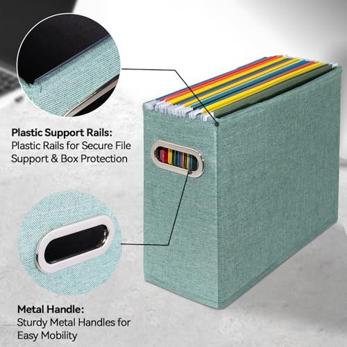 4 Pack Letter Size File Storage Box Collapsible, Fabric Hanging File Folders Organizer, Portable Office Document Holder with Metal Handle, Smooth PVC Rails, Green - Image 4