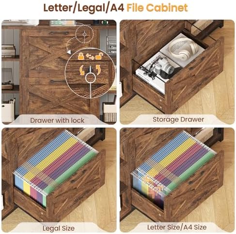 SEDETA File Cabinet, Filing Cabinet fits Legal/Letter/A4 Size, 2 Drawer Filing Cabinets for Home Office with Lock, Power Strip and Open Storage Shelves, Rustic Brown - Image 4