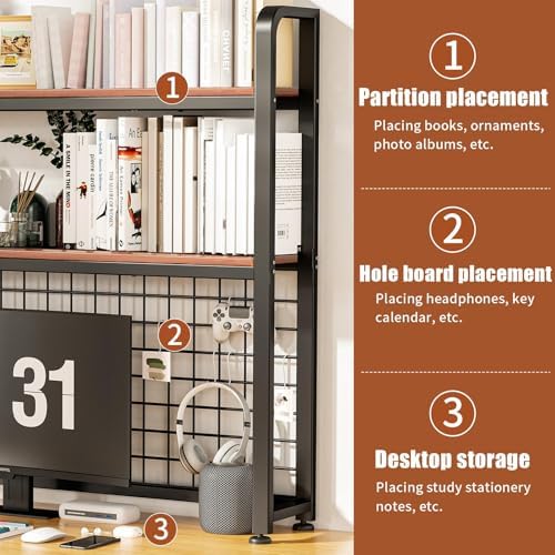 HUATOL Desktop Bookshelf for Computer Desk, 2-Tier Multipurpose Wood Countertop Bookshelf, Multipurpose Freestanding Storage Rack Display Shelf for Office, Home Decor, Kitchen, Brown - Image 3