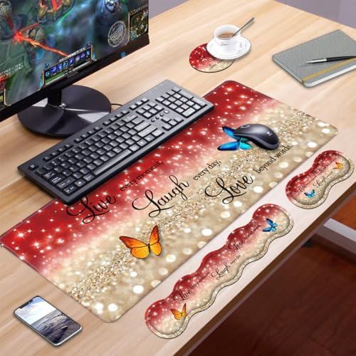 Ergonomic Keyboard Wrist Rest & Mouse Pad Wrist Rest Set,Large XXL Gaming Desk Mat 31.5"x 11.8",Non-Slip Base, Memory Foam,Easy Typing Pain Relief for Office & Home,Red Glitter Quote Live Laugh Love - Image 7