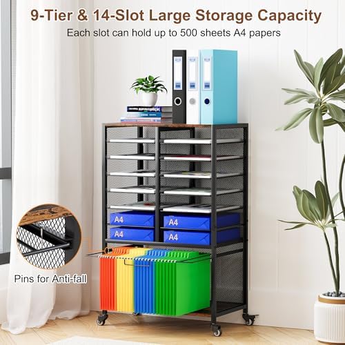EasyPAG Rolling File Cart with 14 Slot Mail Organizer, Under Desk Storage with Hanging File Rack for Letter/Legal Folders, Mobile Filing Cabinet Printer Stand for Office Home Classroom, Black - Image 5