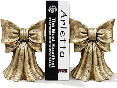 Vintage Gold Bow Book Ends Set of 2 Heavy Duty Bookends for Large & Heavy Books, Decorative Gold Bookends for Shelves, Desk & Home Office, Classic Vintage Decor Book Stoppers by GUSFREUD