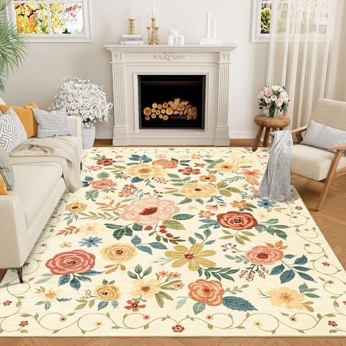 DUKINO 8x10 Area Rug, Floral Washable Living Room Rug Non Slip Beige Yellow by DUKINO