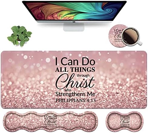 Ergonomic Keyboard Wrist Rest & Mouse Pad Wrist Rest Set,Large XXL Gaming Desk Mat 31.5"x 11.8", Non-Slip Base,Memory Foam, Easy Typing Pain Relief for Office & Home,Quote Bible Verse Philippians 4:13 by Unknown