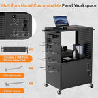 Mobile AV Cart, Heavy Duty Rolling Computer Cart with Push Handle & Hooks – Locking Cabinet, Pegboard, 4 Outlets, Lock Brake Casters – Media Utility Cart on Wheels for Office/Classroom - Image 4
