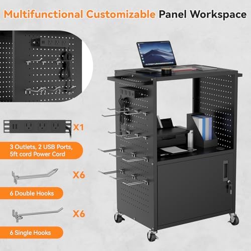 Mobile AV Cart, Heavy Duty Rolling Computer Cart with Push Handle & Hooks – Locking Cabinet, Pegboard, 4 Outlets, Lock Brake Casters – Media Utility Cart on Wheels for Office/Classroom - Image 4