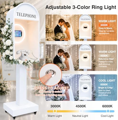 Wedding Telephone Booth Audio Guest Book Photo Booth Stand with 3 Color Ring Light 360° Rotatable Tablet Holder Built-in Type-C Charging Port Lockable Rolling Wheels for Wedding Party Events - Image 4