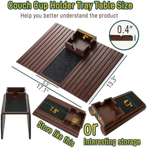 Bamboo Couch Cup Holder Arm Tray Table with Anti-Slip Cork Pad，Couch Drink Holder，Sofa Cup Holder Armrest Tray，Foldable Arm Chair Table Recliners for Drink, Cups, Eats，Snacks, Phone, Remote (Brown) - Image 2