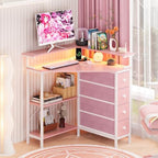 VENNQD Corner Desk with Drawers Shelves for Small Space 90 Degrees Triangle Computer Desk with Power Outlets,Gaming Desk with LED Lights Monitor Stand for Home Office Workstation Writing Table (Pink) - Image 2