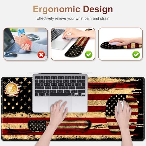 Large Mouse Pad with Wrist Support 4in1 Set, XXL Game Mousepad + Keyboard Wrist Rest+Mouse Wrist Rest+Coaster with Ergonomic Design Gaming Mat for Home Office Table Computer I Retro USA Flag - Image 4