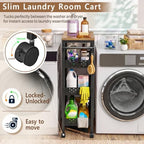 Slim Storage Cart with Wheels,9.1-inch 4 Tier Narrow Storage Cart with Wheels, Metal Kitchen Bathroom Laundry Organizer Shelf with Wood Top and Handle, Black - Image 4