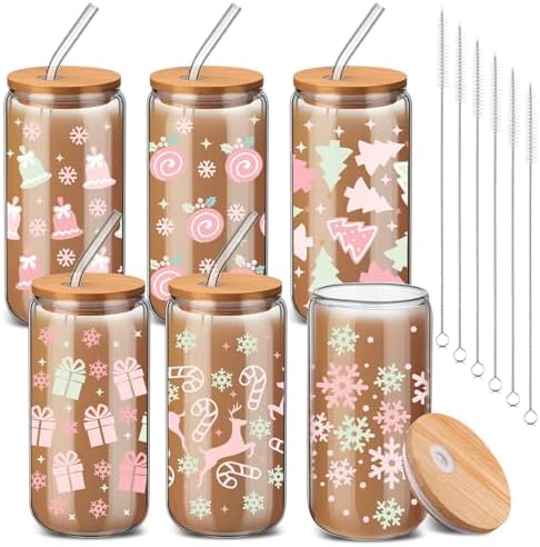 6 Pcs Christmas Glass Cup Bulk with Straw and Bamboo Lids 16 oz - Image 7