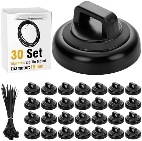 Leinuosen 30 Set Magnetic Zip Tie Mount and Nylon Cable Ties, 19 mm Multipurpose Wire Cable Holder Mount Wire Clips Management Electrical Organization Supplies (Black) by Leinuosen