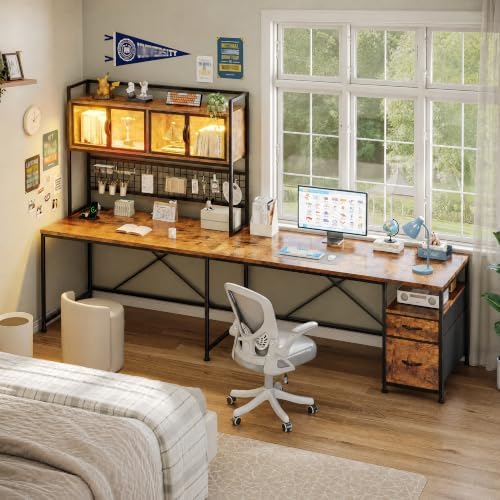 DurayLoly 67" L Shaped Gaming Corner Desk with LED Light, Hutch,Brown - Image 3