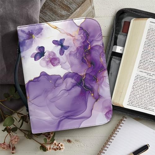 Bible Cover for Women Men Purple Marble Butterfly Pattern Bible Carrying Book Case with Handle Bible Bags Tote Bible Accessories Book Covers Church Bag - Image 6