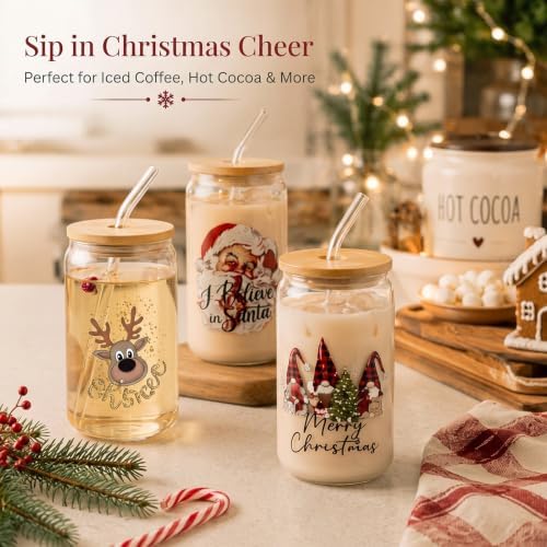 12 Sets Christmas Glass Cups Gifts 16 oz Red Black Buffalo Plaid Glass Cups with Lids and Straws Santa Gnomes Tumbler Christmas Gift for Women Man Friends Coworkers Xmas Party Favors - Image 2