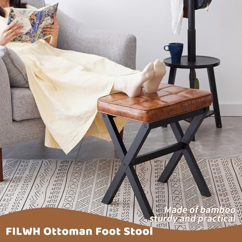 Foot Stool Small Ottoman Foot Rest Padded Foot Stool Desk for Under Office Desk Vanity Stool Bamboo Footstool Sofa Footrest Shoe Stool Small Foot Stools (Black Legs + Patterned Brown) - Image 4